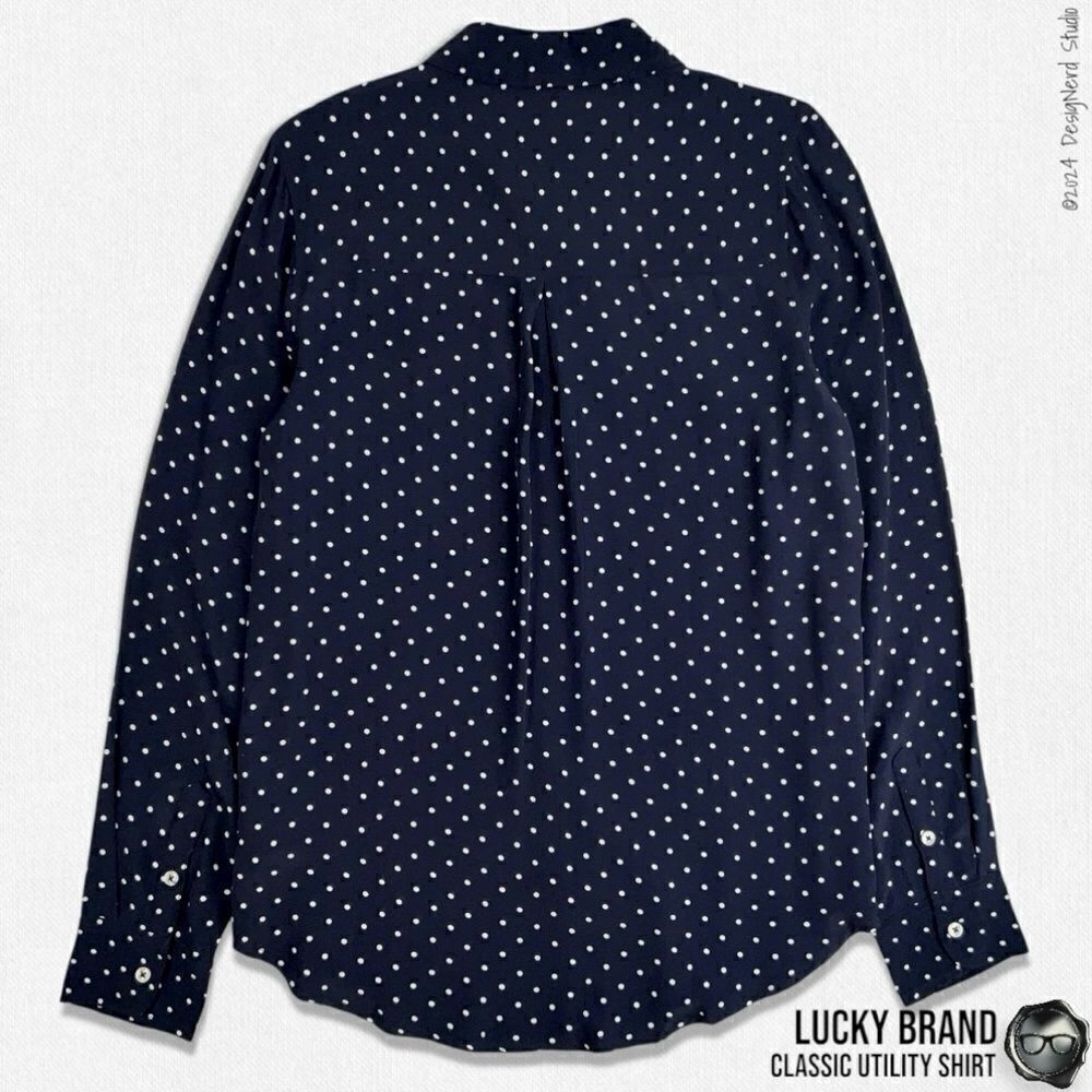 LUCKY BRAND CLASSIC UTILITY BUTTON DOWN SHIRT IN NAVY WHITE DOTS WOMEN’S SIZE M - Picture 3 of 14